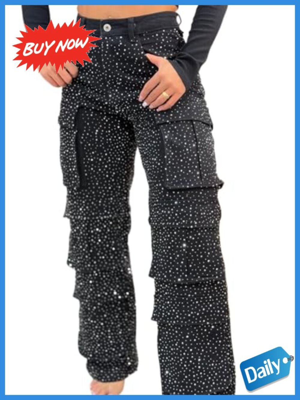 High Waisted Cargo Jeans Rhinestone Embellished Wide Leg Denim Pants